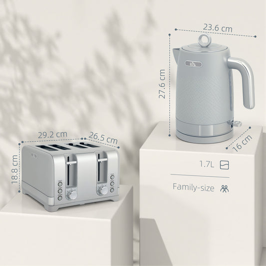 HOMCOM Sleek Textured Kettle and Four-Slice Toaster Set - Grey