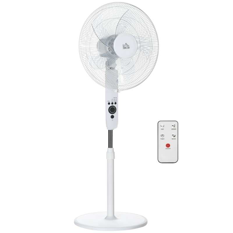HOMCOM 124cm jalustatuuletin un-tilalla, heiluva seisontatuuletin 3 tiloilla, kaukosäätimellä, säädettävällä korkeudella, valkoi