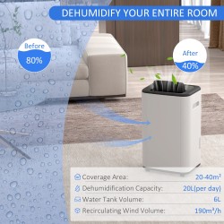 HOMCOM 20L/Déshumidificateur de jour | 6L Réservoir, 3 Modes, Minuterie