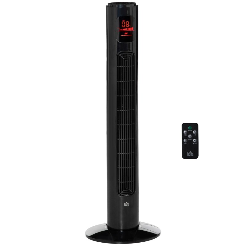 HOMCOM 38'' Vapaasti seisova tornituuletin, 3 Nopeus 3 Tila, 12h ajastin, 70 Asteen heilunta, LED-paneeli, 5M Kaukosäädin, musta