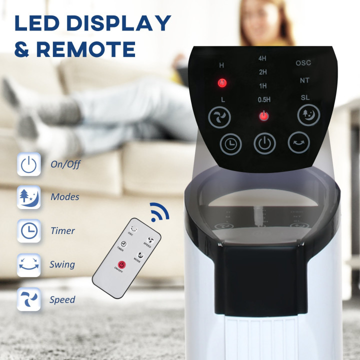 HOMCOM 31" Freestanding Tower Fan, 3 Speed 3 Mode, 7.5H Timer, Oscillating, LED Panel, Remote Control, 31 Inch Standing Fan, Whi