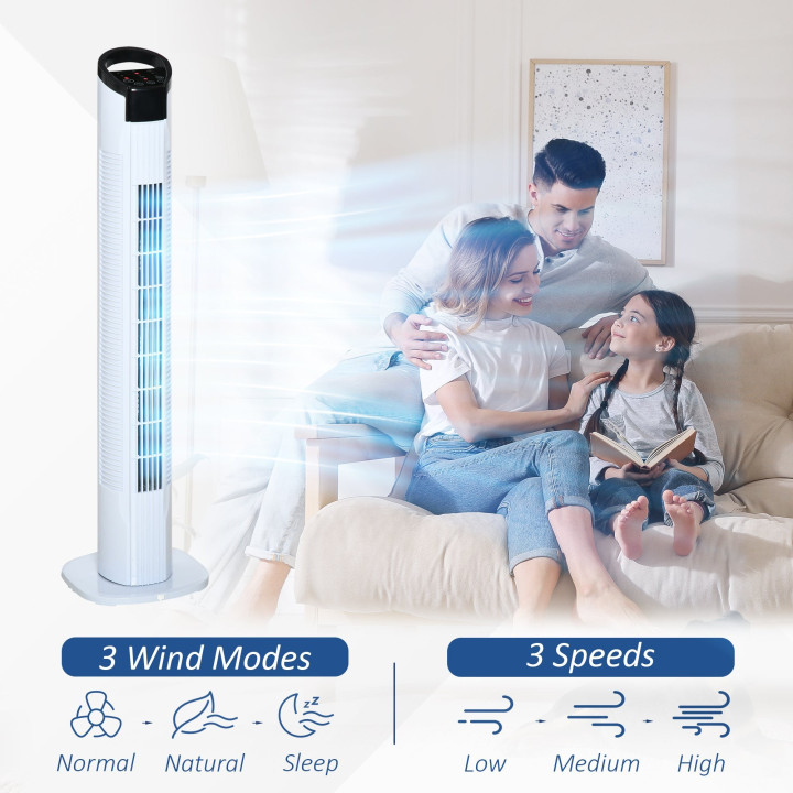 HOMCOM 31" Freestanding Tower Fan, 3 Speed 3 Mode, 7.5H Timer, Oscillating, LED Panel, Remote Control, 31 Inch Standing Fan, Whi