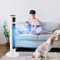 HOMCOM 38'' Vapaasti seisova tornituuletin, 3 Nopeus 3 Tila, 12h ajastin, 70 Asteen heilunta, LED-paneeli, 5M Kaukosäädin, valko