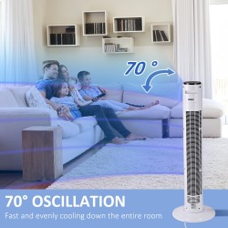 HOMCOM 38'' Vapaasti seisova tornituuletin, 3 Nopeus 3 Tila, 12h ajastin, 70 Asteen heilunta, LED-paneeli, 5M Kaukosäädin, valko