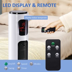 HOMCOM 38'' Frittstående tårnvifte, 3 Hastighet 3 Modus, 12h-timer, 70 Vippegrad, LED-panel, 5M Fjernkontroll, hvit