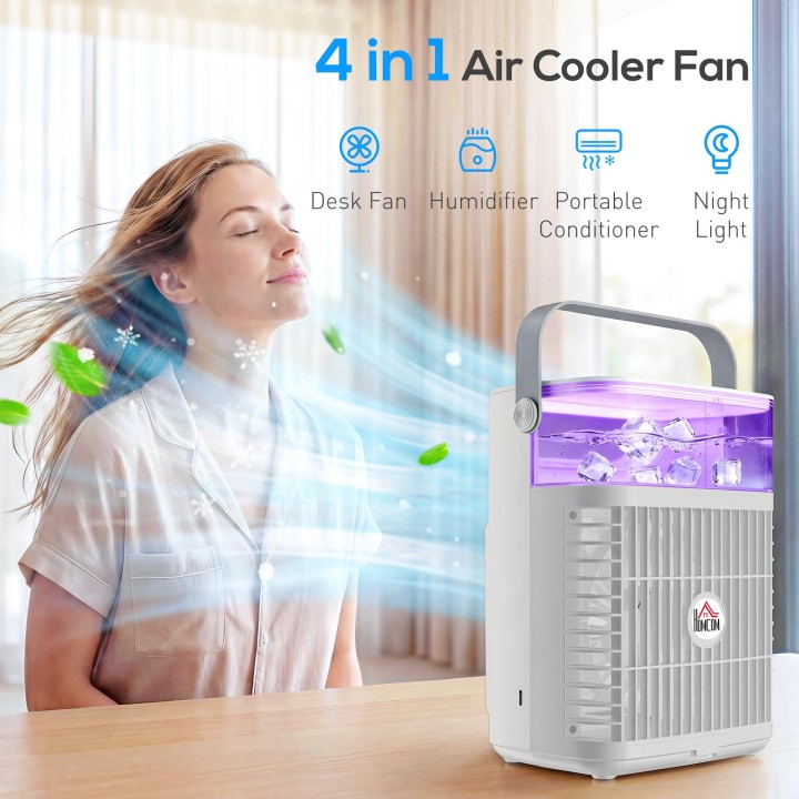 HOMCOM Personal Air Cooler | 4-in-1 Mist Fan, 700ml, 7-Colour LED