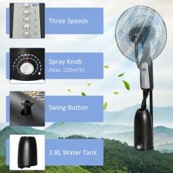 HOMCOM Sprühnebel-Ventilator, Bodenventilator mit Wassernebelsprüher, 70° Oszillation, Neigungskopf, 3 Geschwindigkeiten, 2.8L W