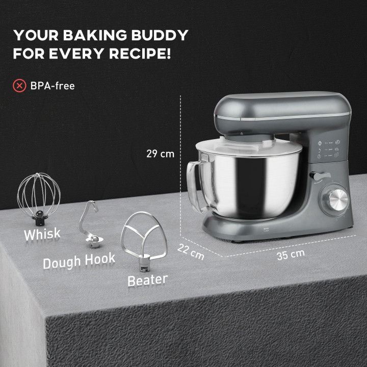 HOMCOM 1300W Kitchen Stand Mixer, with Accessories - Silver