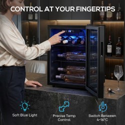 HOMCOM 16-Cantinetta vini per bottiglie | 48L, Porta in vetro, LED — Nero