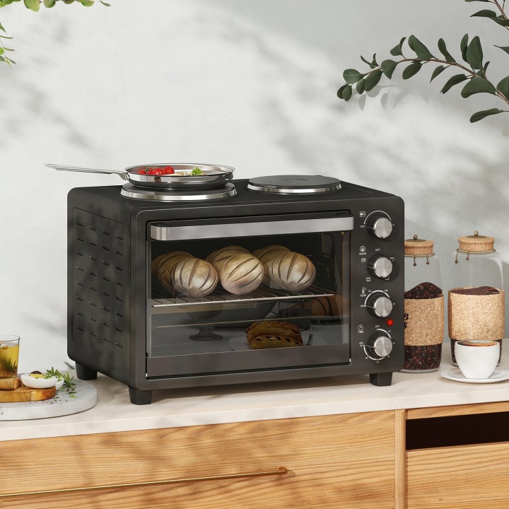 HOMCOM 28L Mini Oven with 2 Hot Plates | Grill & Bake, 2600W