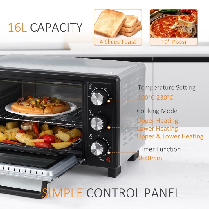 HOMCOM 16L Mini Countertop Oven | 1400W, Timer — Black/Silver