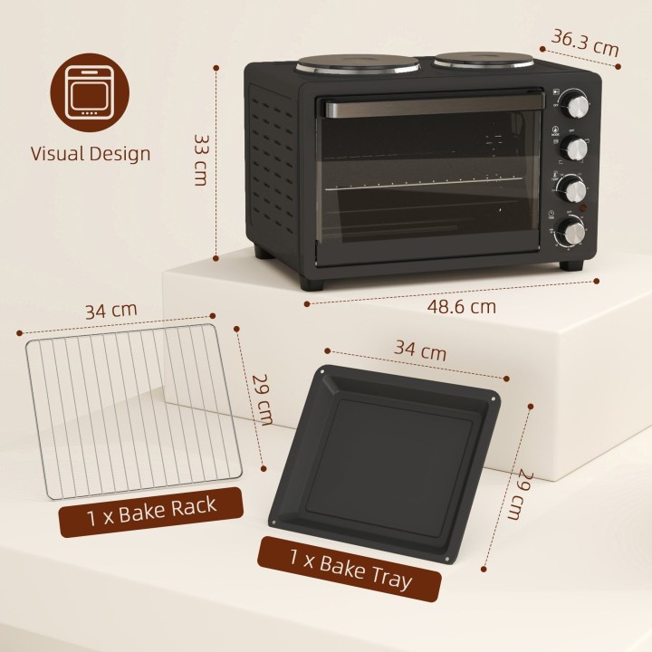HOMCOM 28L Mini Oven with 2 Hot Plates | Grill & Bake, 2600W