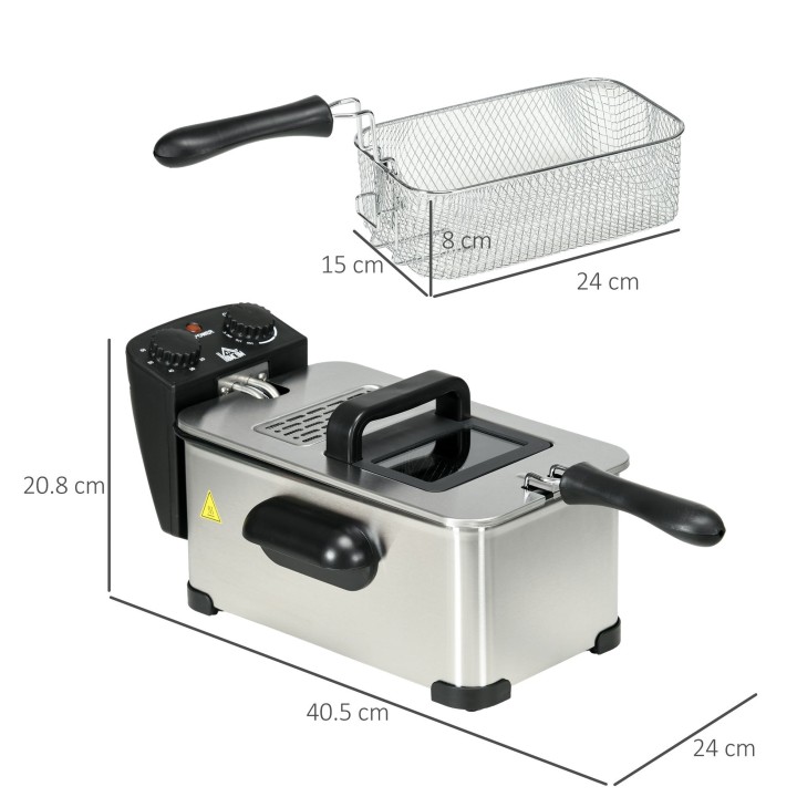 HOMCOM 3L Deep Fat Fryer | Adjustable Temp, Timer, 2000W