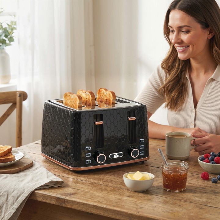 HOMCOM 4-Slice Toaster | High Lift, 1600W, Auto-Off — Black