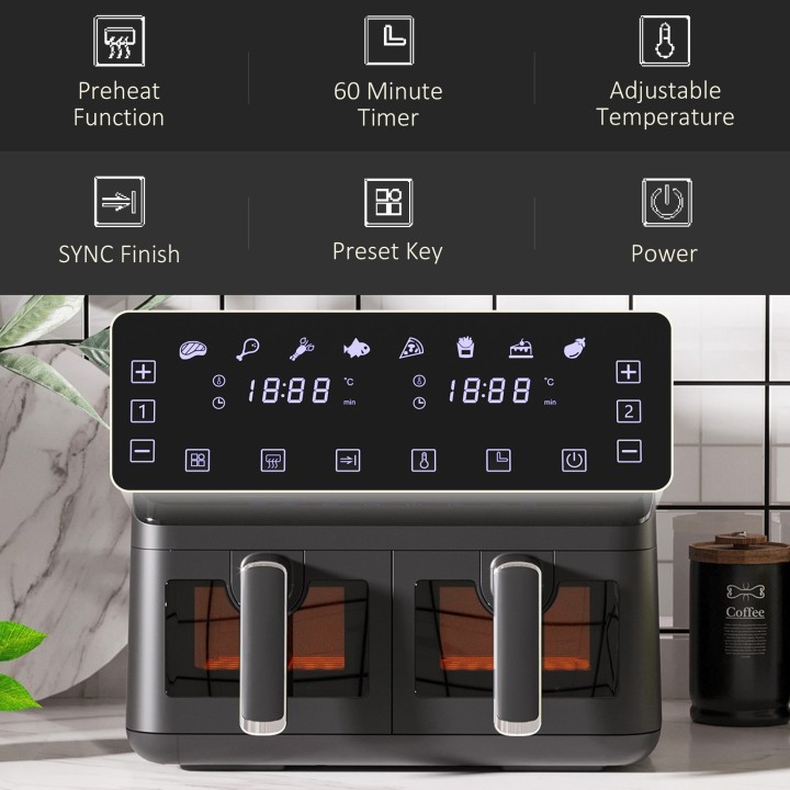 HOMCOM 8L Dual Basket Air Fryer | 8-in-1, 2500W, Sync Finish