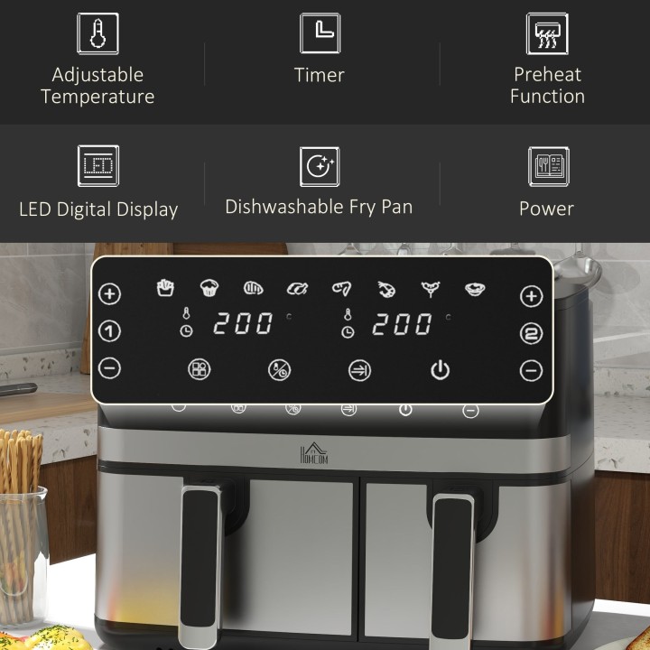 HOMCOM 8.5L Dual Basket Air Fryer | Sync, Multi-Menu Cooking