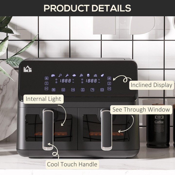 HOMCOM 8L Dual Basket Air Fryer | 8-in-1, 2500W, Sync Finish