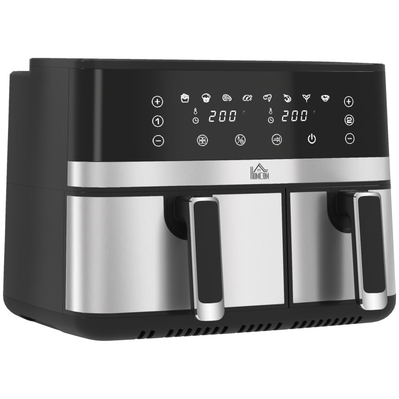 HOMCOM 8.5L Freidora de aire de doble cesta | Cocina sincronizada y multi-menú