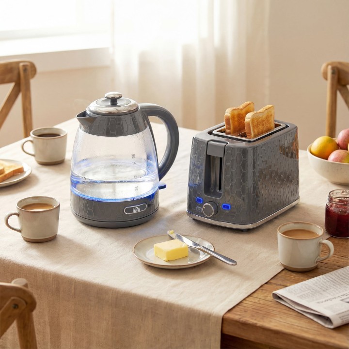 HOMCOM Kettle & 2-Slice Toaster Set | Limescale Filter — Grey