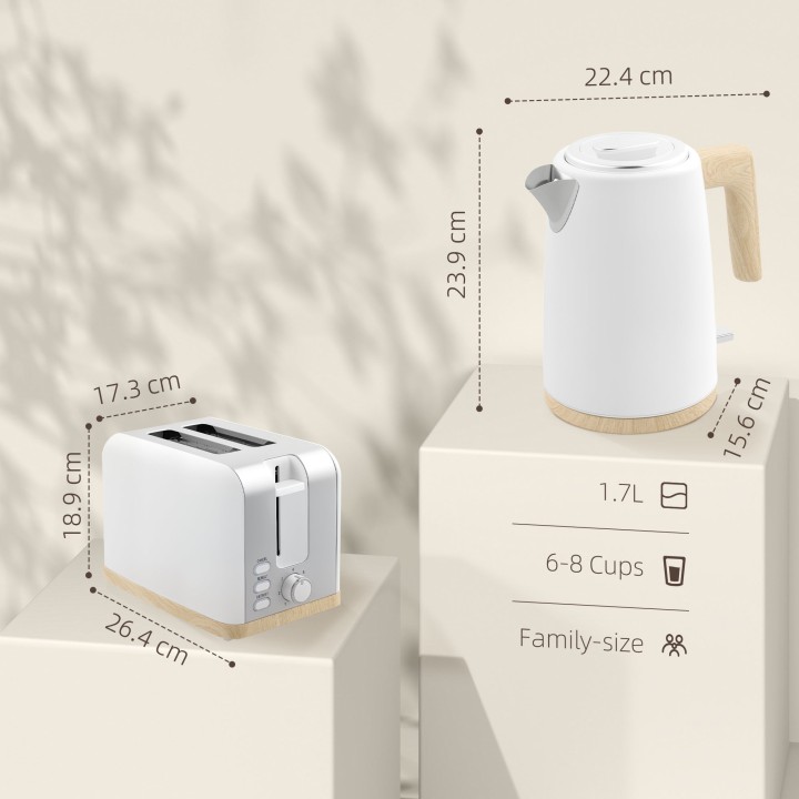 HOMCOM Stainless Steel Kettle & 2-Slice Toaster Set — White