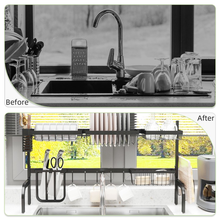 HOMCOM Space Saving 2 Tier Adjustable Dish Drainer Over The Sink Dish 