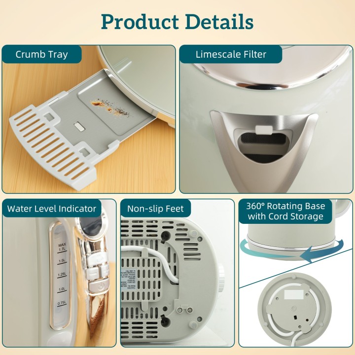 HOMCOM Polished Retro 40-100°C Kettle and Toaster Set - Grey