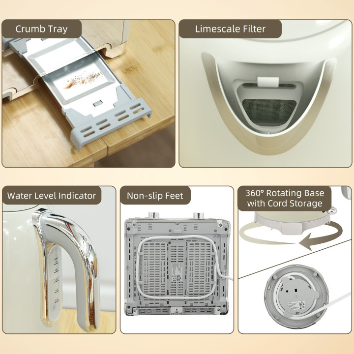 HOMCOM Retro 3000W Kettle and Toaster Set - Grey