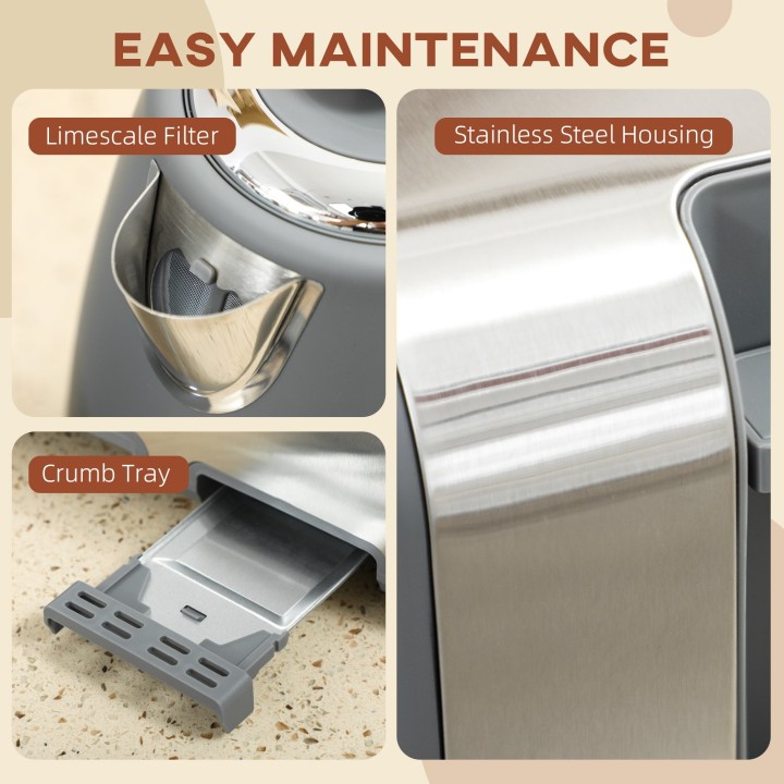 HOMCOM Stainless Steel Panel Kettle and Toaster Set - Grey
