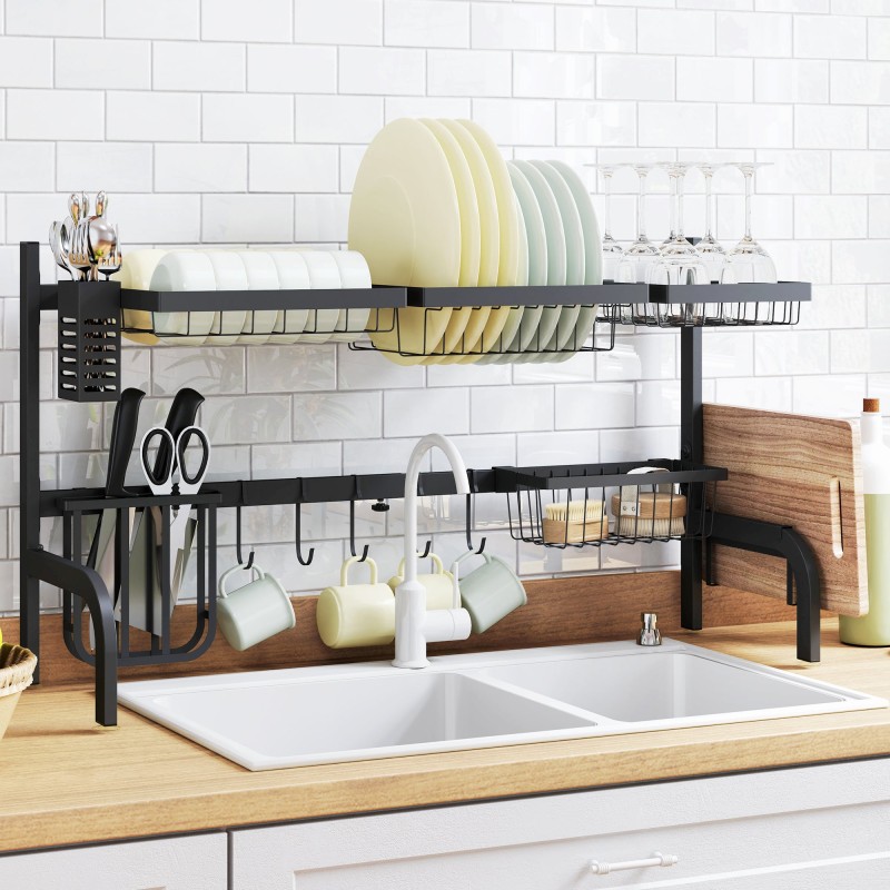 HOMCOM Space Saving 2 Tier Adjustable Dish Drainer Over The Sink Dish 