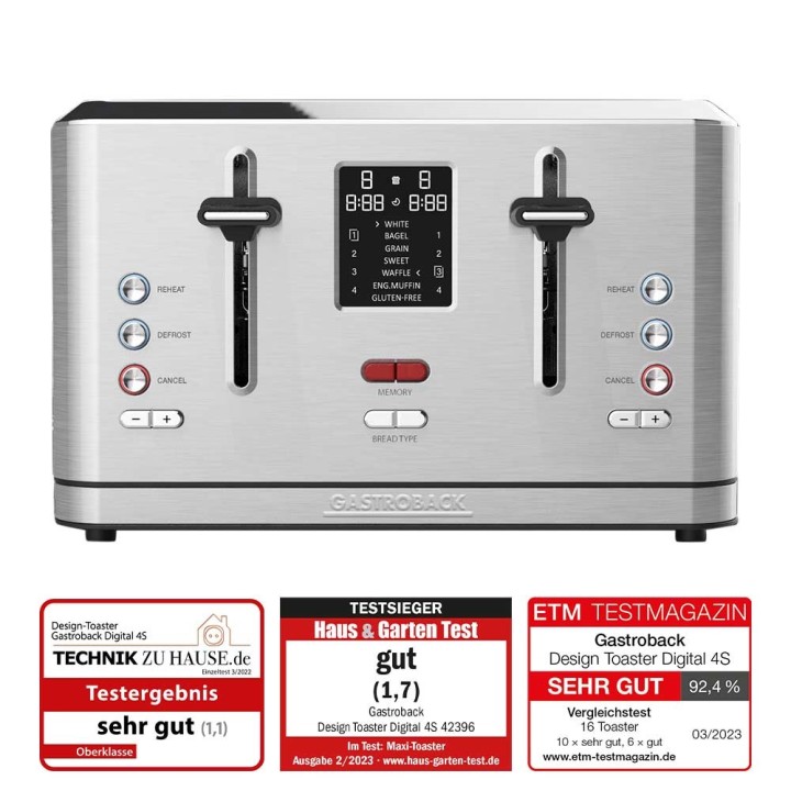 Gastroback 62396 Design Toaster Digital 4-Slice – 7 Browning Programs with Wholemeal & Croissant Presets