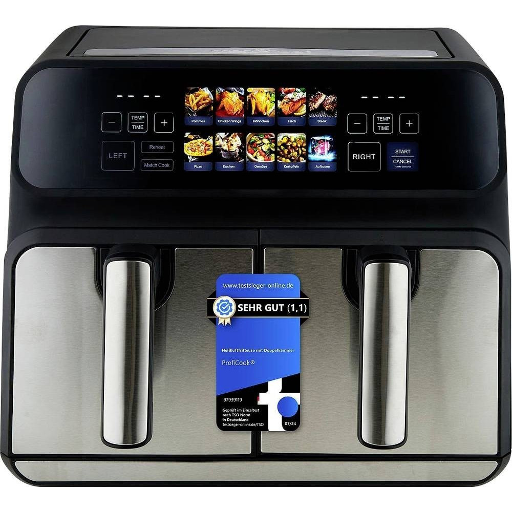 ProfiCook PC-FR 1287 H Double 8 L Stand-alone 2200 W Heißluftfritteuse Schwarz, Edelstahl