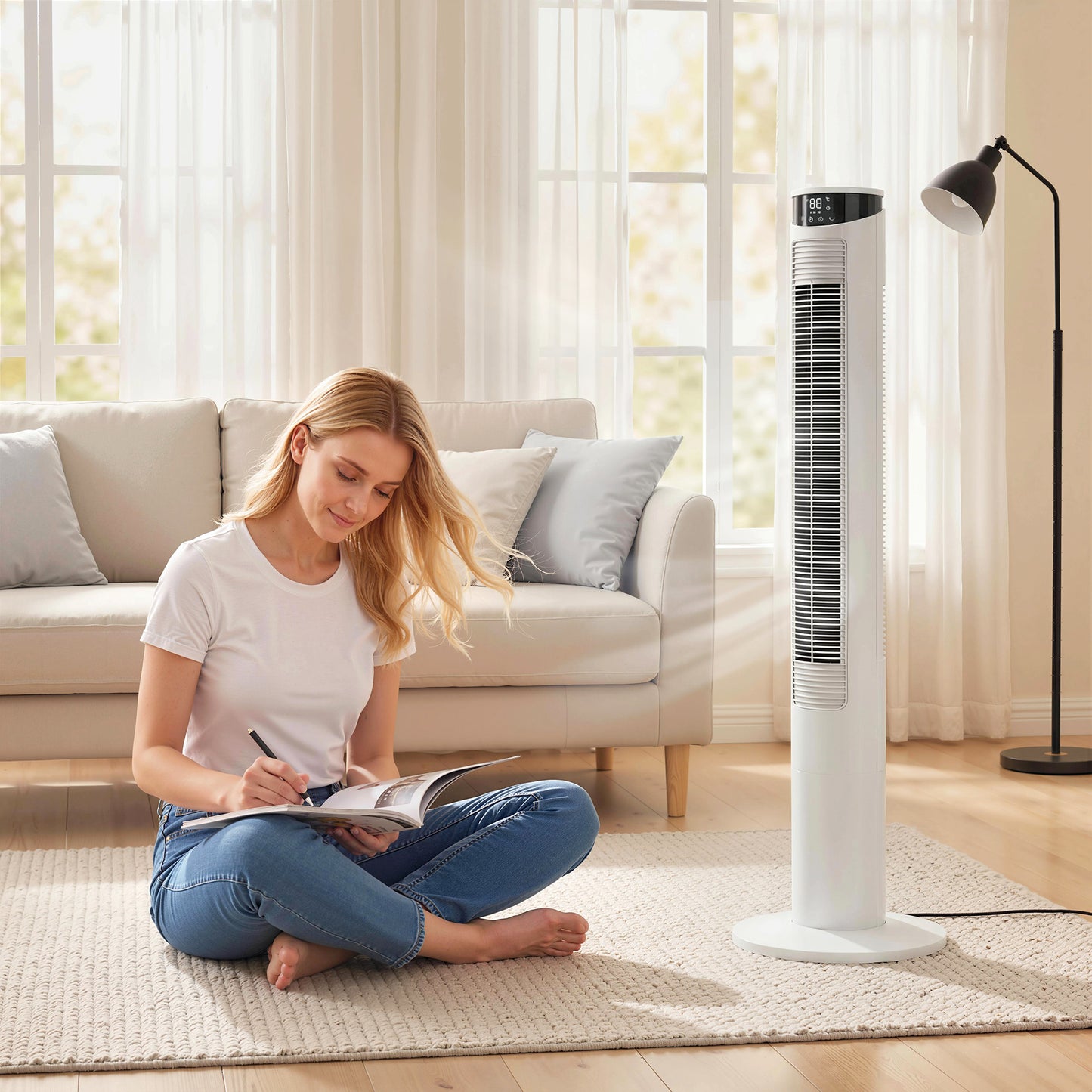 HOMCOM Tower Fan with WiFi Control Standing Floor Fan with Remote Control 116 cm White