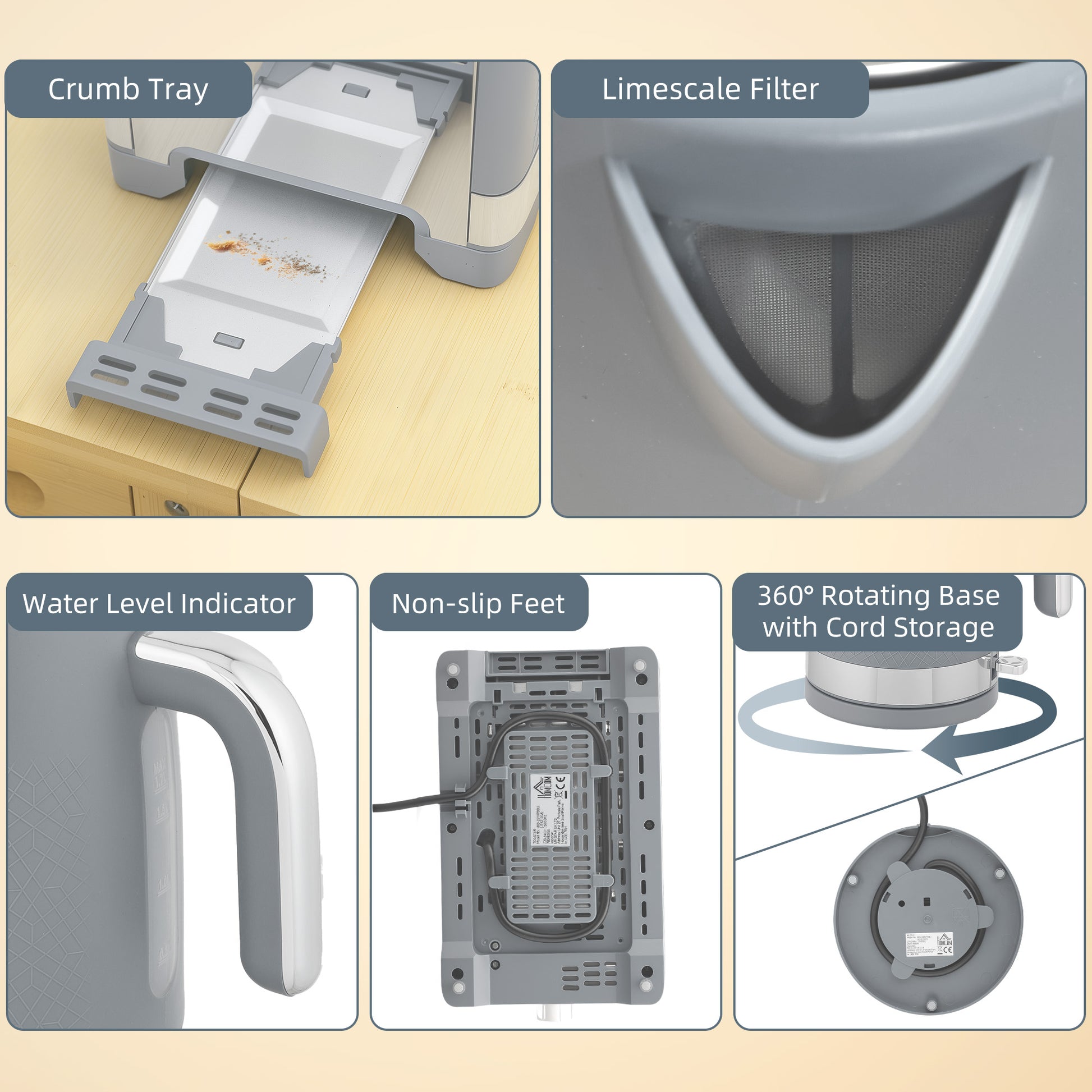 HOMCOM Sleek Textured Kettle and Toaster Set - Grey