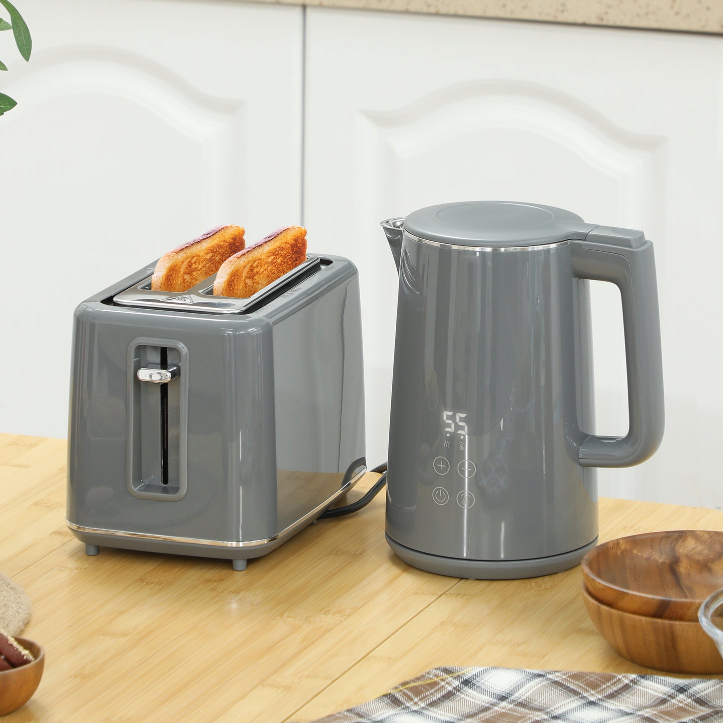 HOMCOM Digital Stainless Steel Kettle and Toaster Set, 1.5L 3000W Fast Boil Kettle, 2 Slice Toaster with 7 Level Browning Controls, Defrost, Reheat, Keep Warm, Crumb Tray and LED Touch Display, Grey