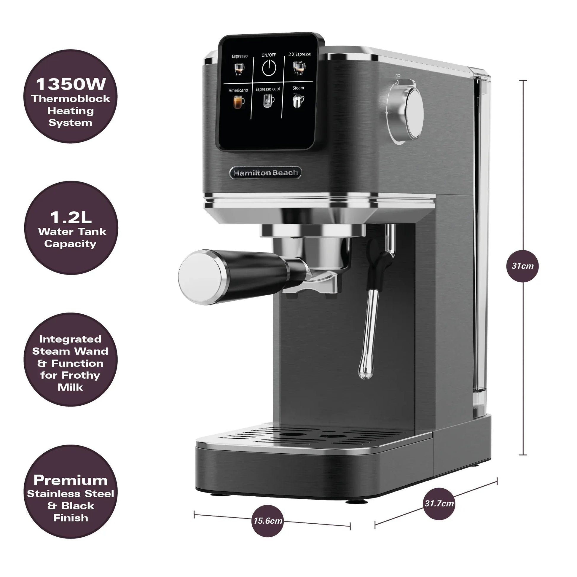 Hamilton Beach BaristaPro Touch 5-in-1 Espresso Machine Black