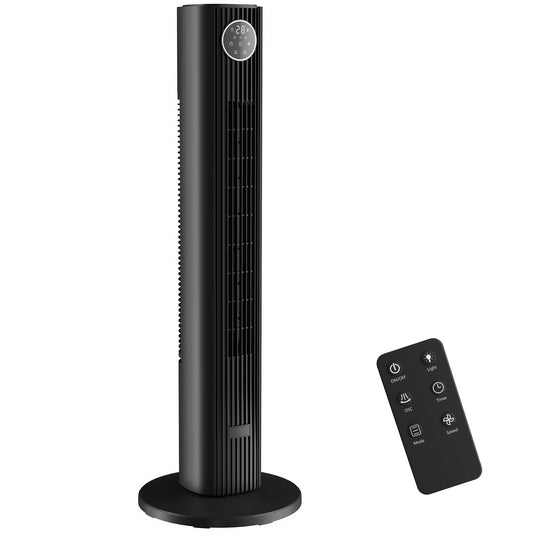 HOMCOM 28dB Tower Fan for Bedroom, 36 inch, 8 m/s Velocity Standing Cooling Fan with 80° Oscillating, BLDC Motor, 12 Speeds, LED Display, 4 Modes, 12H Timer, Remote Control, Black
