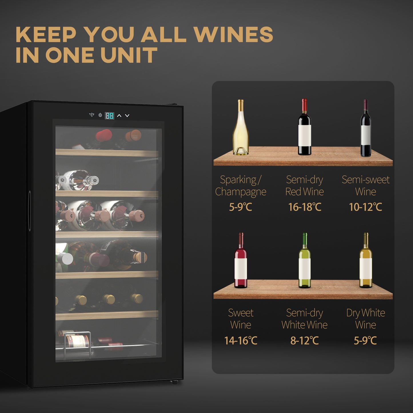 HOMCOM 24 Bottle Wine Fridge, 65 Litre Capacity, 43cm Freestanding Wine Cooler Fridge with Glass Door, LED Light, Digital Touch Screen, Temperature Control, Black