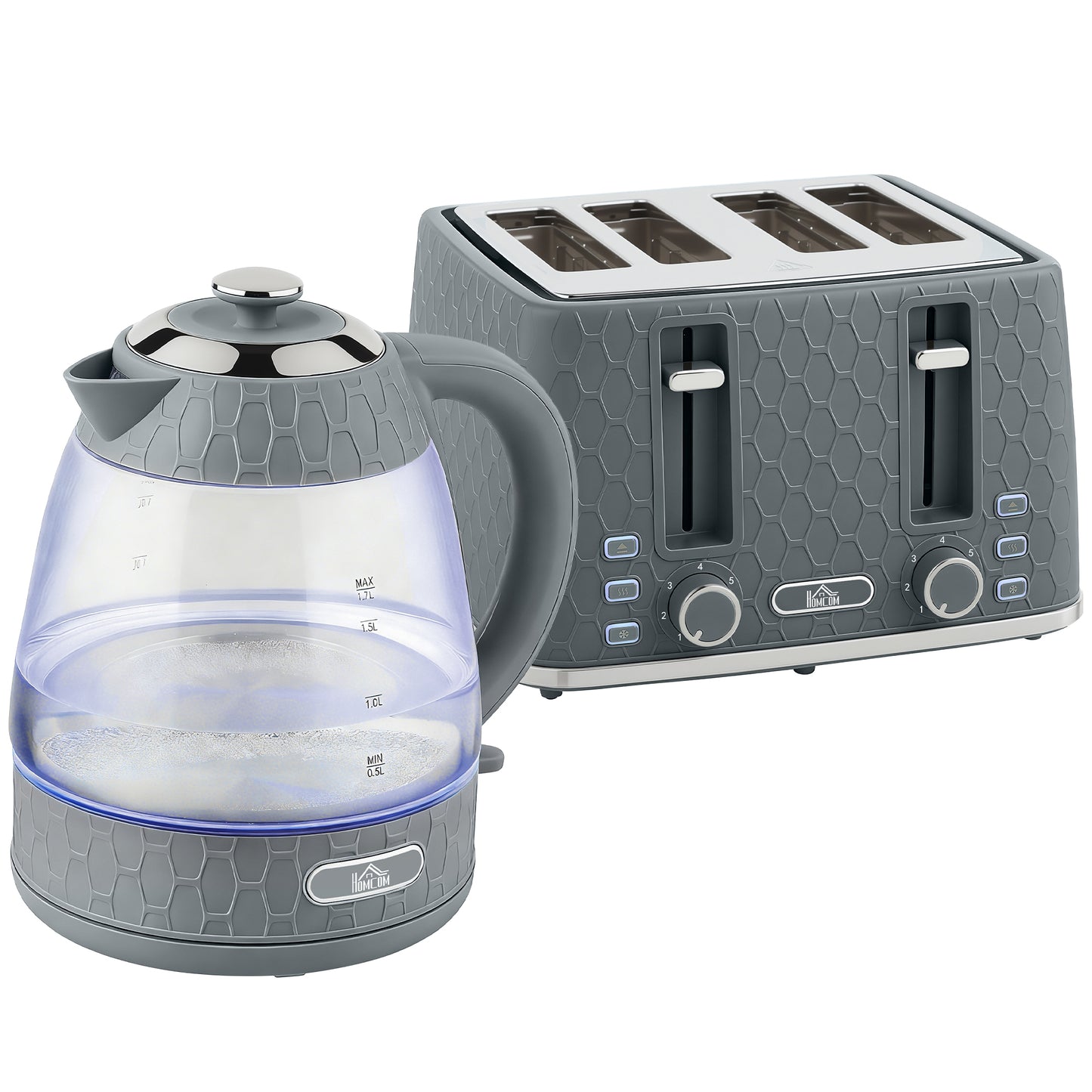 HOMCOM Kettle and Toaster Set, 1.7L 3000W Rapid Kettle with Strix Thermostat, 4 Slice Toaster with 7 Browning Controls, Grey