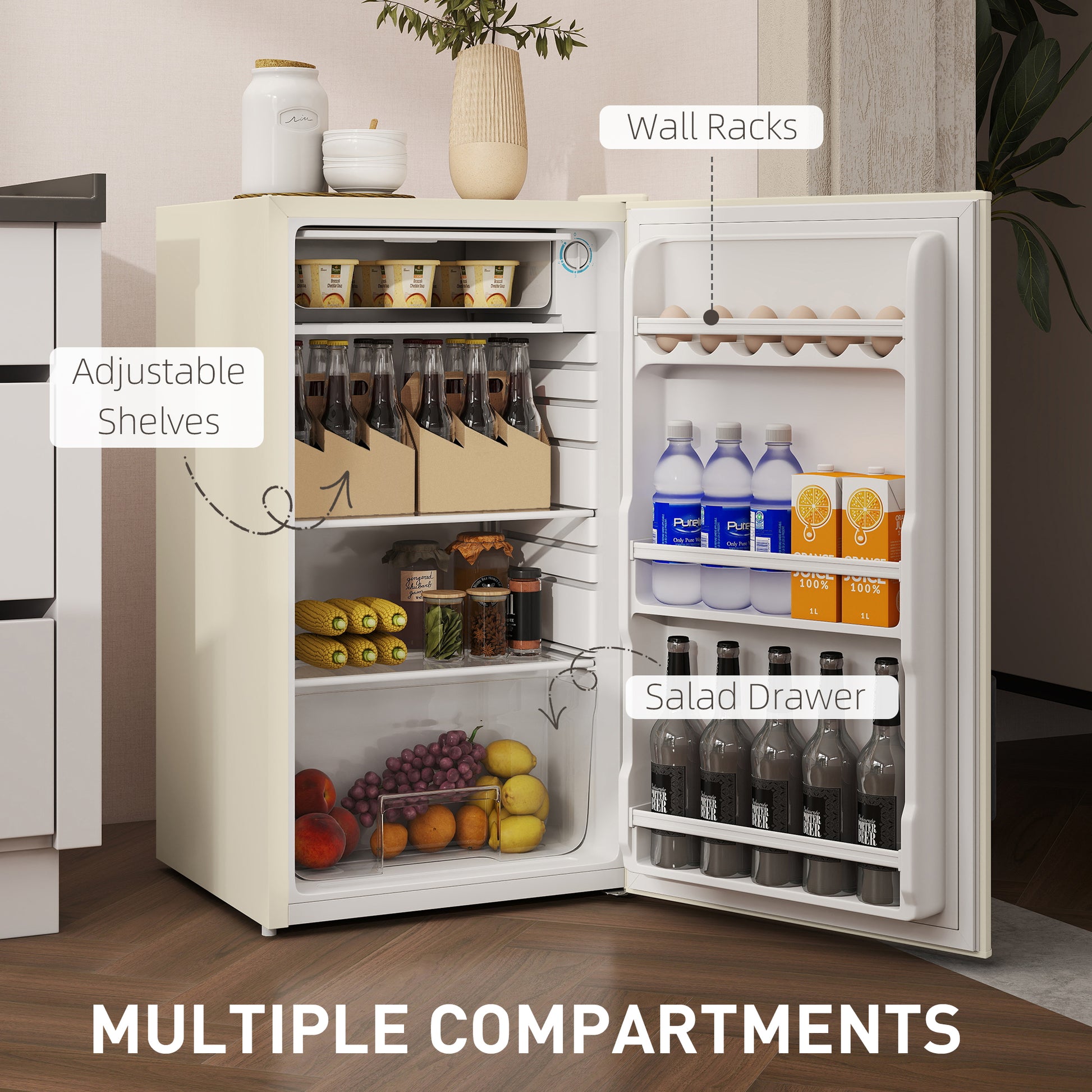 HOMCOM Under Counter Fridge, 91L Small Fridge with Chiller Box, Removable Shelf, Reversible Door, Adjustable Legs, Mini Refrigerator, Beige