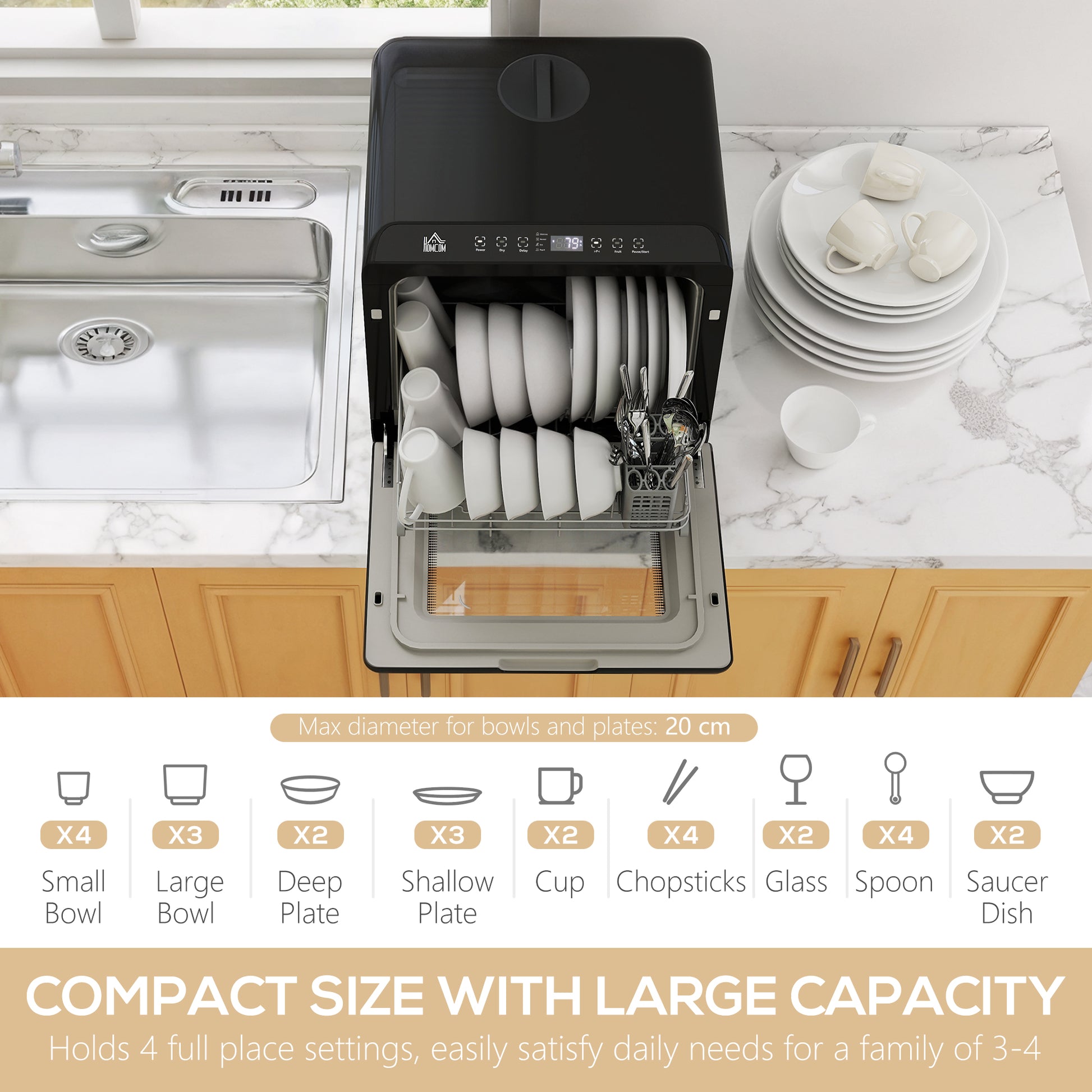 HOMCOM 6L Five-Mode Tabletop Dishwasher - Black