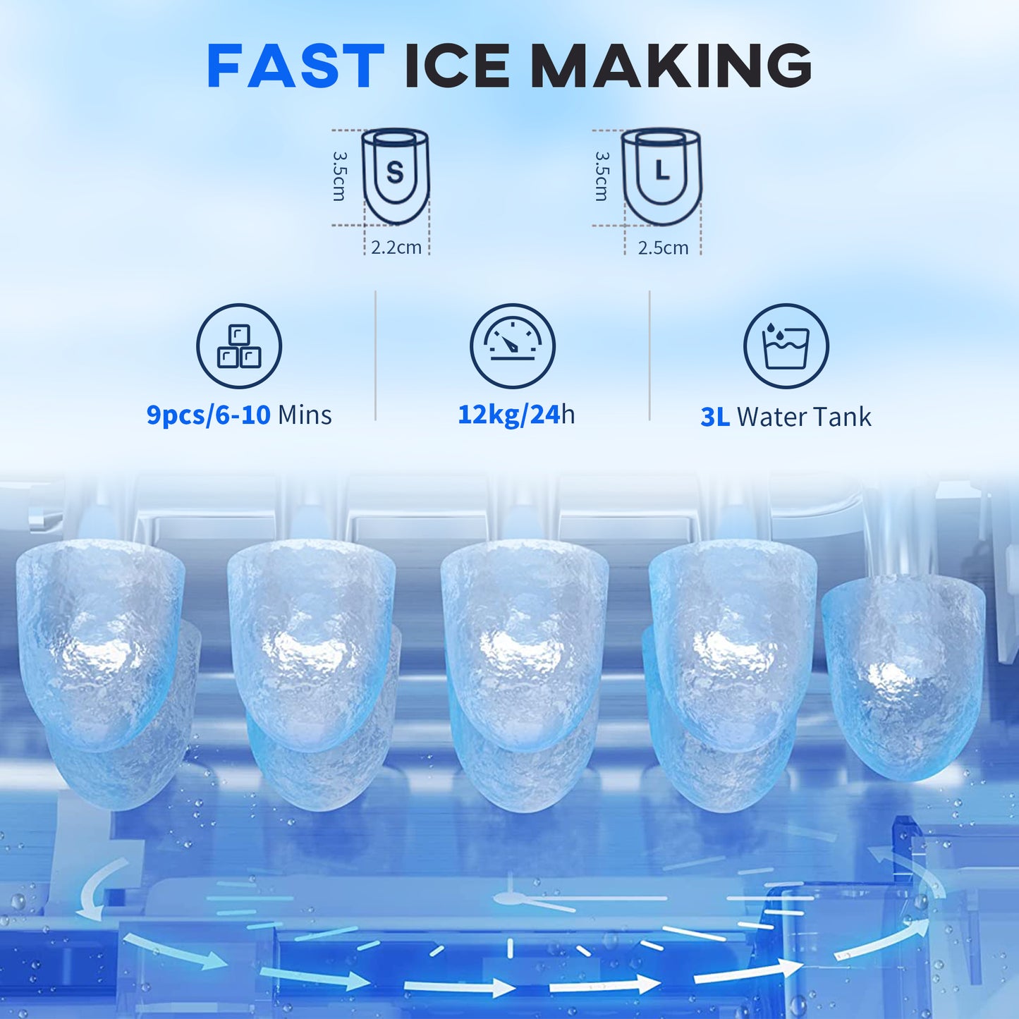 HOMCOM 3L Ice Maker Machine and Water Dispenser, 12kg in 24H, 2 Sizes 9 Ice Cubes Ready in 6-10 Mins Ice Machine, Silver