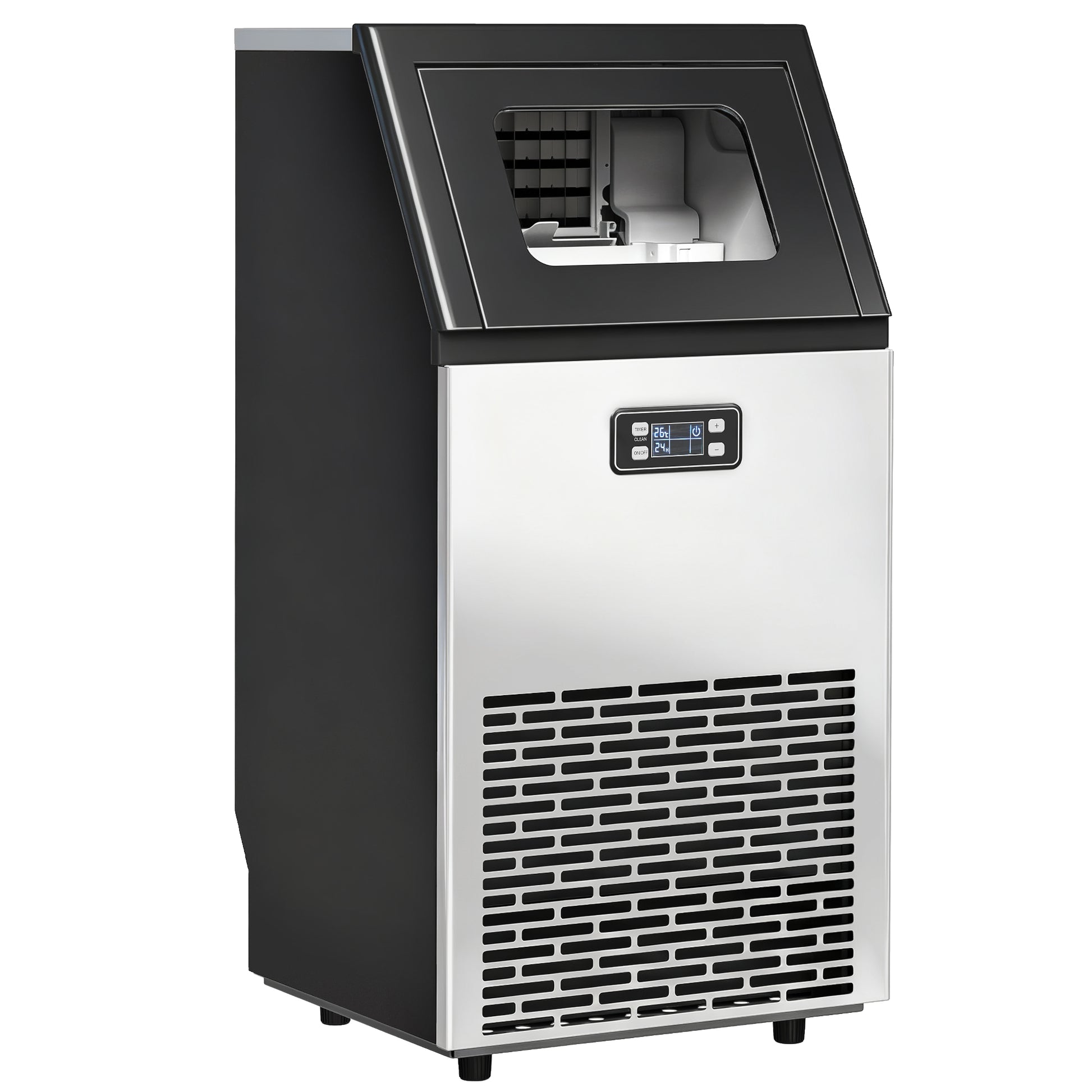 HOMCOM Commercial Ice Maker Machine, Freestanding Stainless Steel Ice Machine with Self-Cleaning, LCD Display, 45kg/24 Hours and 11kg Ice Storage for Home, Office, Bar, Restaurant, Supermarkets