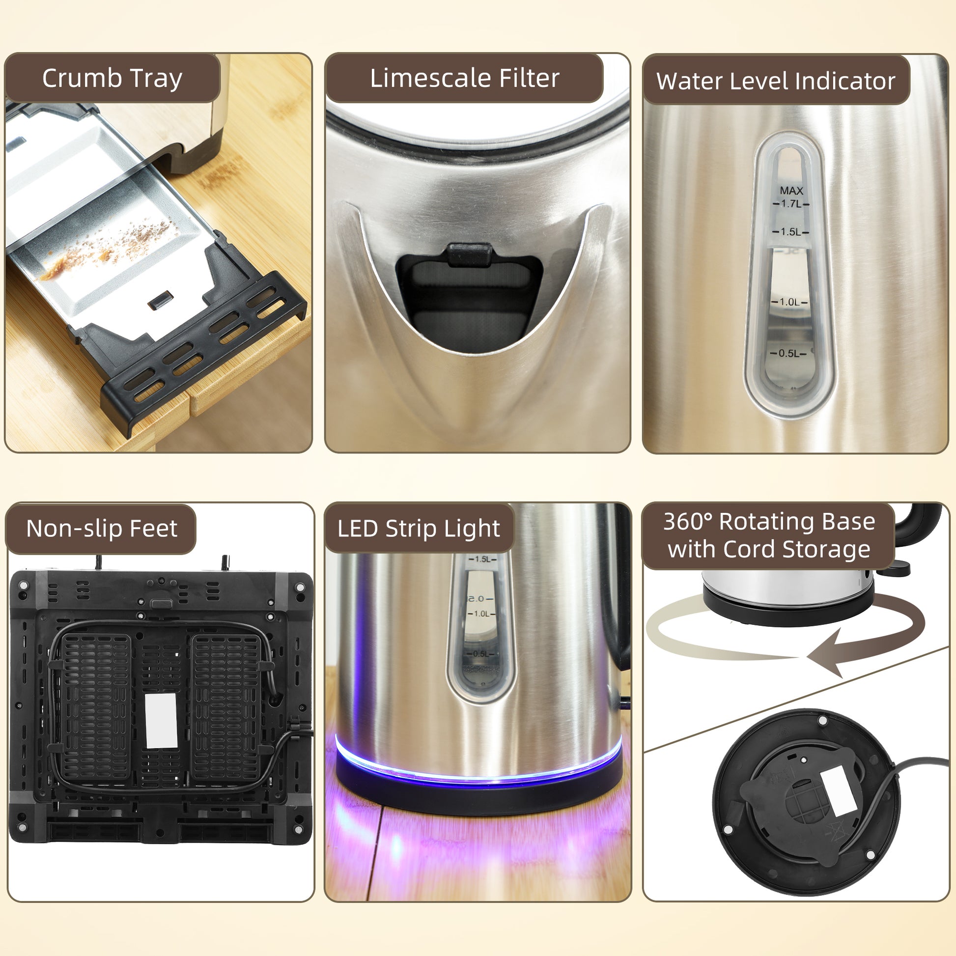 HOMCOM Kettle and Toaster Set, 1.7L 3000W Rapid Boil Jug Kettle with Otter Thermostat, Limescale Filter, 4 Slice Toaster with 7 Browning Controls, Crumb Tray, LED Strip, Silver Tone