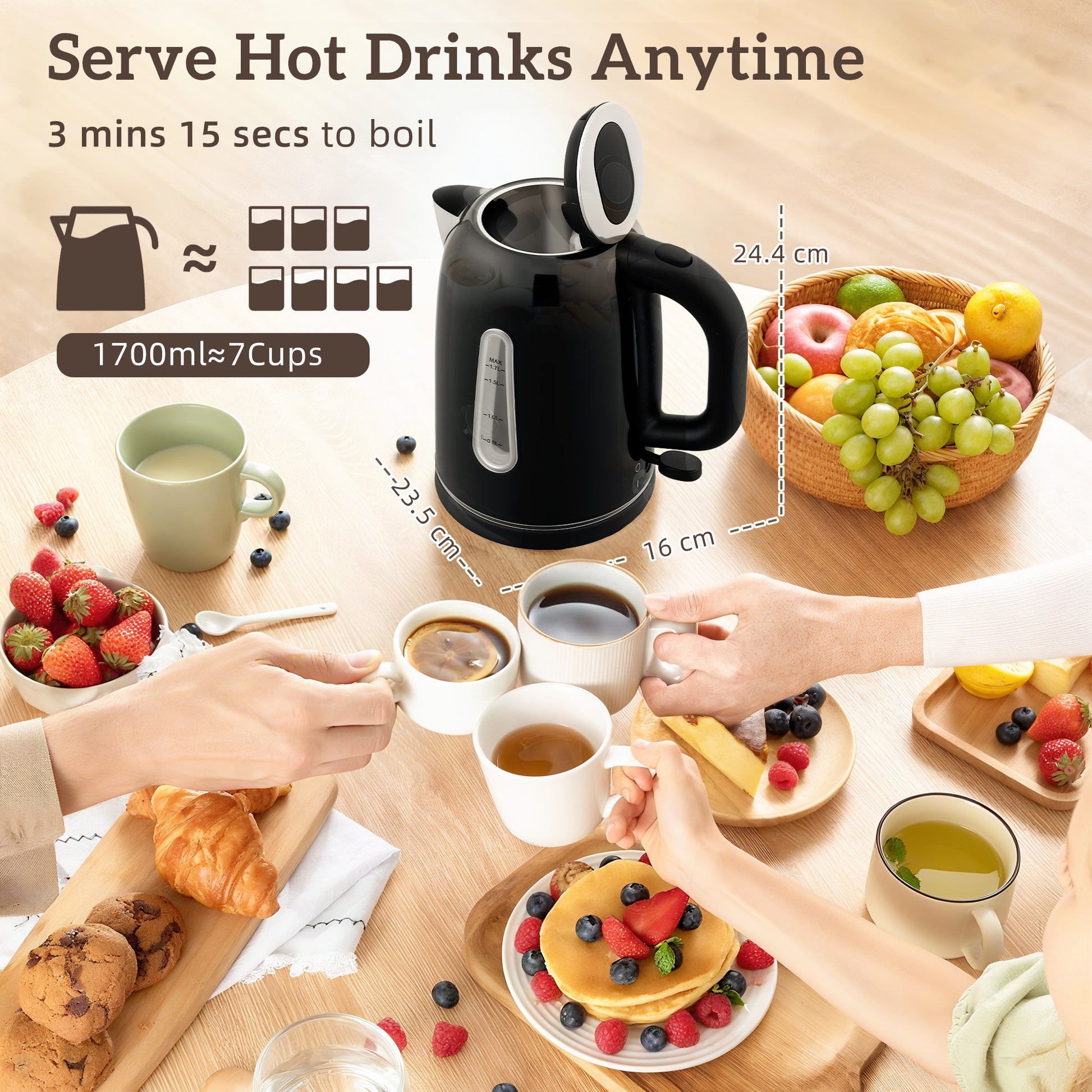 HOMCOM Kettle and Toaster Set, 1.7L 3000W Rapid Boil Jug Kettle with Otter Thermostat, Limescale Filter, 4 Slice Toaster with 7 Browning Controls, Crumb Tray, LED Strip, Black
