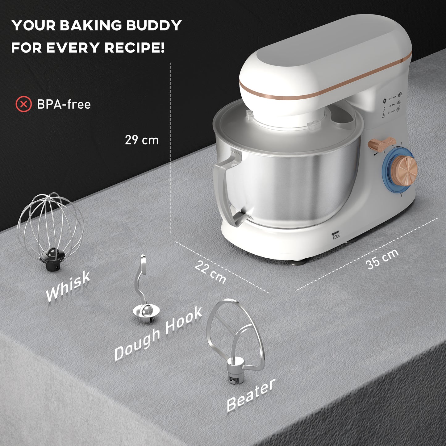 HOMCOM 1300W Kitchen Stand Mixer, with Accessories - White
