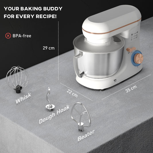 HOMCOM 1300W Kitchen Stand Mixer, with Accessories - White
