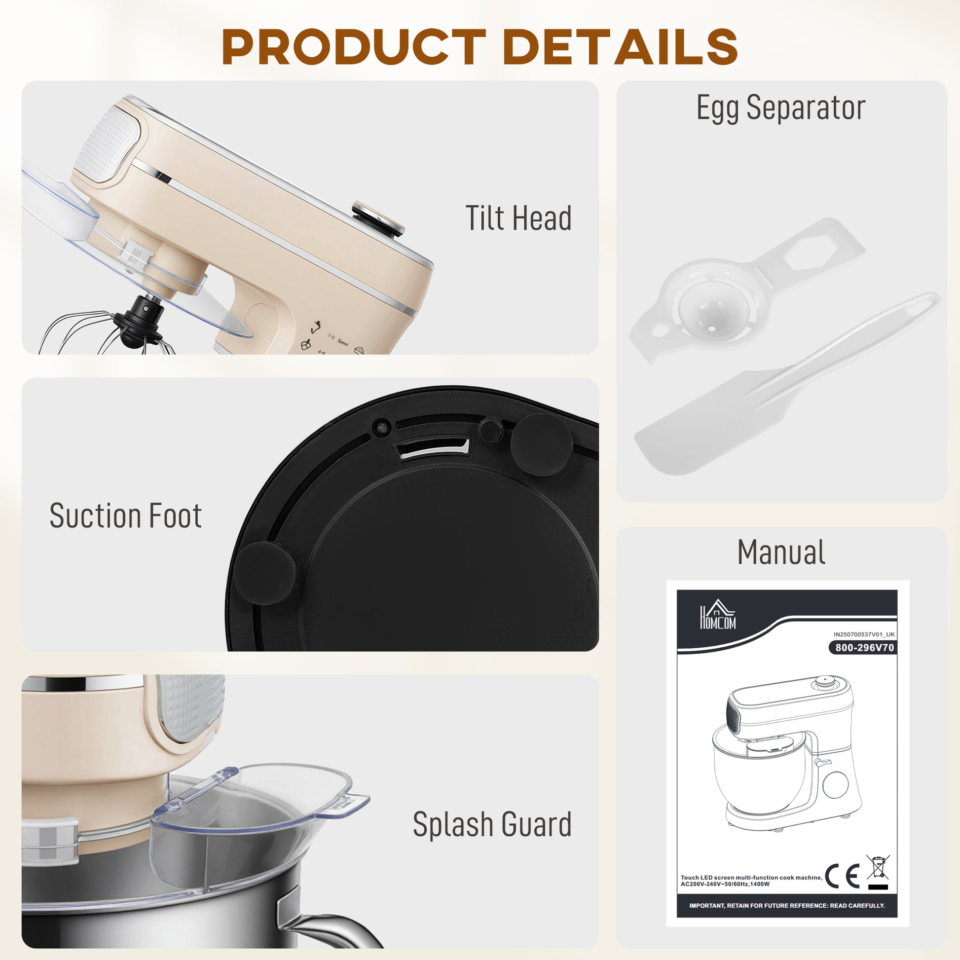 HOMCOM Stand Mixer, 6L 1400W Tilt-Head Food Mixer with 11 Speeds, Pulse & Fermentation Function, LED Display, Cream