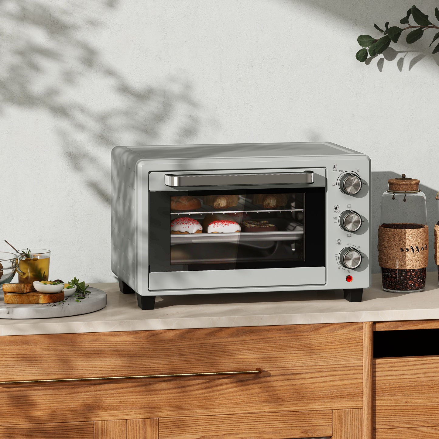 HOMCOM 21L Mini Countertop Oven, 100°C-230°C Adjustable Temp - Silver Tone