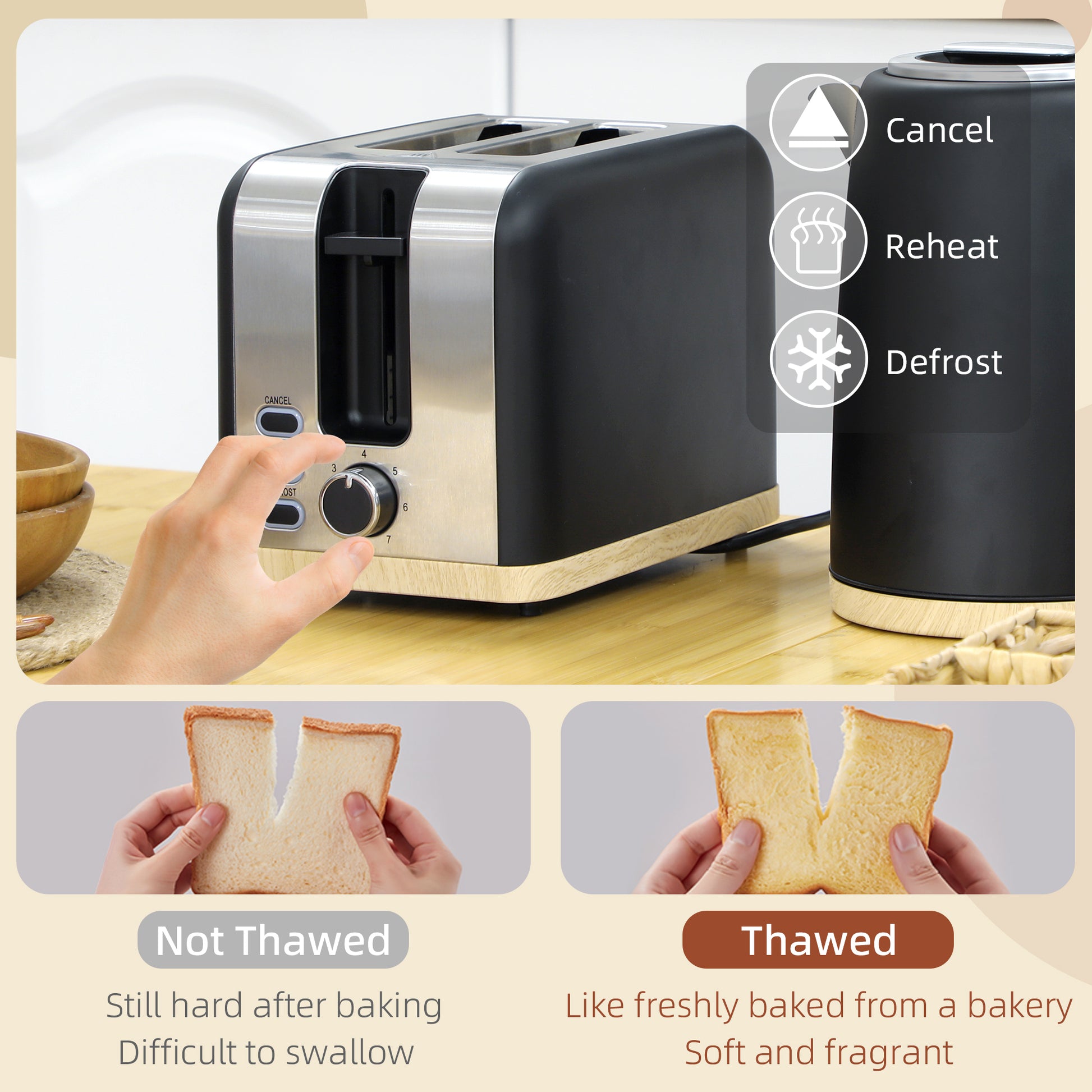 HOMCOM Stainless Steel Kettle and Toaster Set, 1.7L 3000W Fast Boil Kettle & 2 Slice Toaster Kitchen Set with 7 Level Browning Controls, Defrost, Reheat, Auto Off, Boil-dry Protection, Black