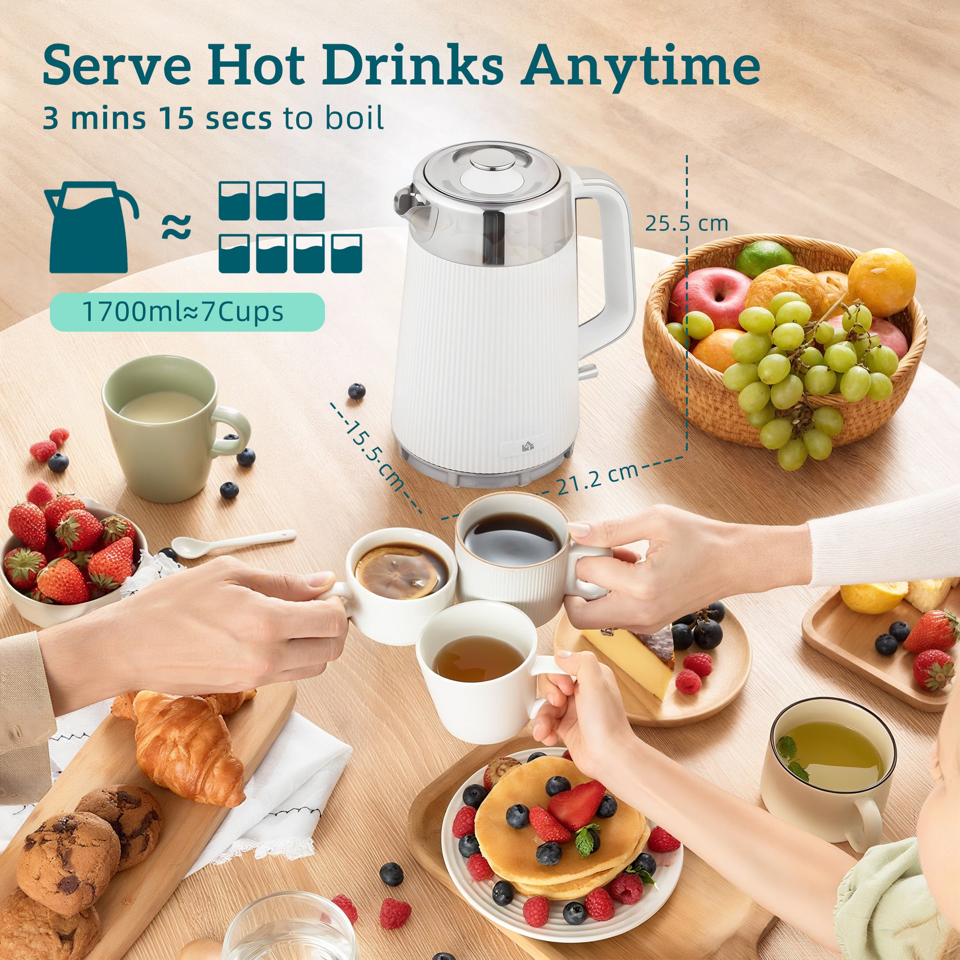 HOMCOM Electric Stainless Steel Kettle and Toaster Set, 3000W 1.7L UK Strix Thermostat Fast Boil Kettle w/ Limescale Filter, Cool Touch Body, 4 Slice Toaster with 7 Browning Levels, White